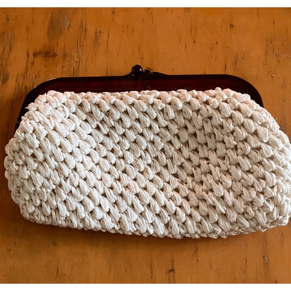 La Regale Clutch Women White Woven Faux Tortoise Shell Vintage 1960s Handmade
